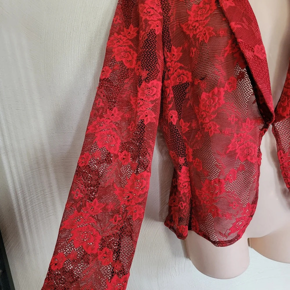 Annalee+Hope Red Black Lace Open Front Cardigan Blazer Style Size Women's Medium - Picture 4 of 6